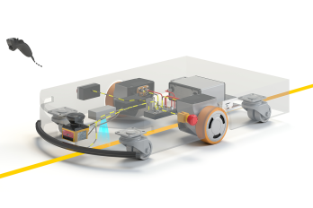 Typical setup for line guided platform including a pair of SWD® Safety Wheel Drive, a SE2L safety laser scanner, Ergonomic joystick controllers PC 2441, Safety Edge E30BK1and Emergency stop XW1F. IDEC EZ WHEEL SWD 150 AGV line guided